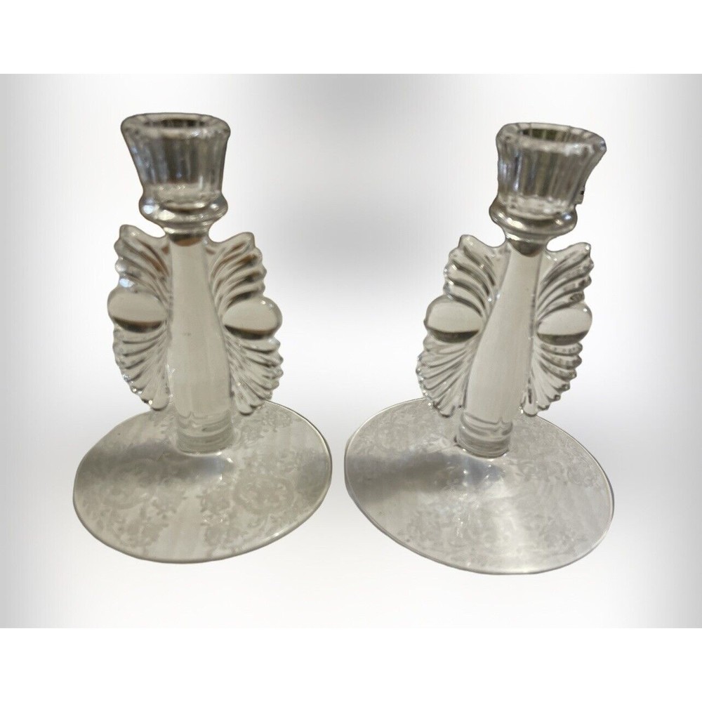 Pair Of Vintage Paden City Art Deco Clear Glass Candlestick Candle Holder Wing